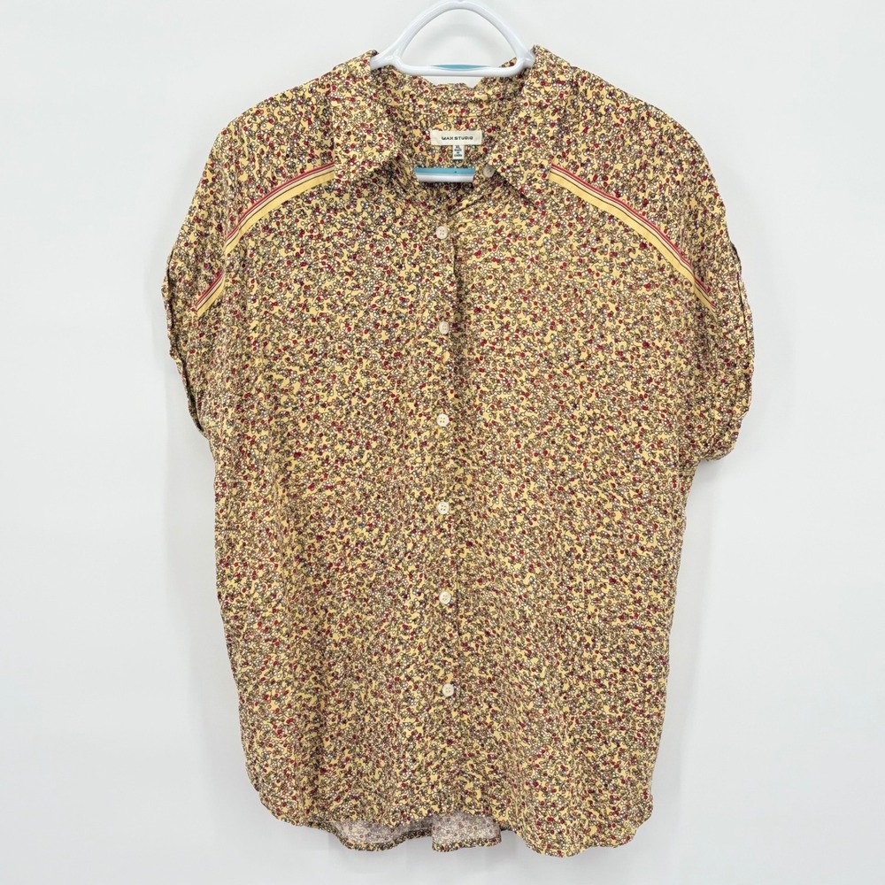 Max Studio Yellow Floral Ditsy Berry Rayon‎ Button Down Shirt XL 9702G32 Womens